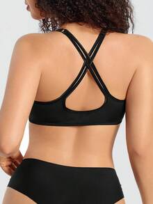 SHEIN 1pc Women Front Closure Solid Color Cross Back Sports Bra - Black - View 2