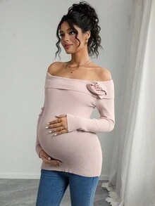 SHEIN Elegant Maternity Foldover Off Shoulder Sweater, Simple Solid Color 3D Floral Design, Suitable For Spring And Autumn - Apricot - View 1