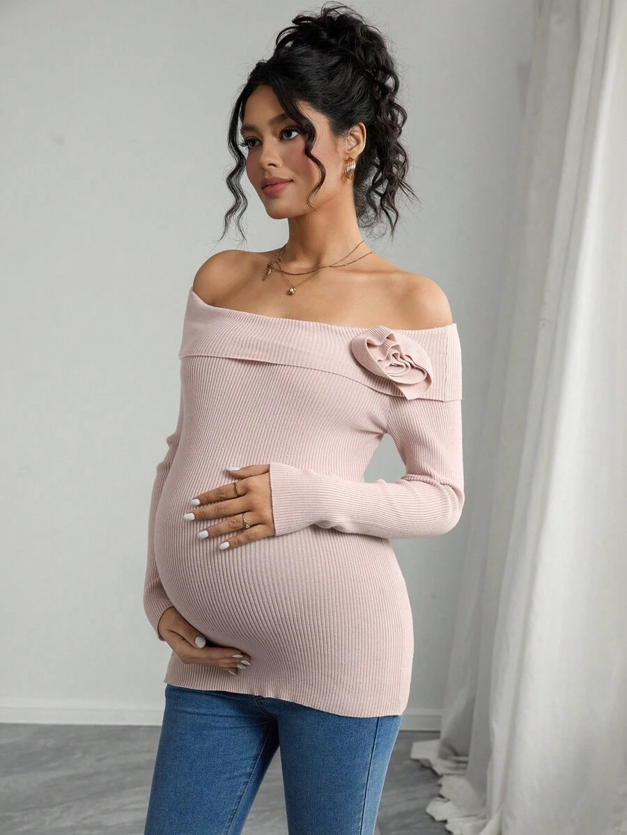 SHEIN Elegant Maternity Foldover Off Shoulder Sweater, Simple Solid Color 3D Floral Design, Suitable For Spring And Autumn - Apricot - View 1