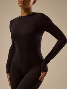 MUSERA ESSENTIALS Fitted Long Sleeve Jumpsuit Classy Basic Sexy Fall Autumn Basics Soft Buttery Toffee Winter Evening    Party Spring Summer - Black - View 5