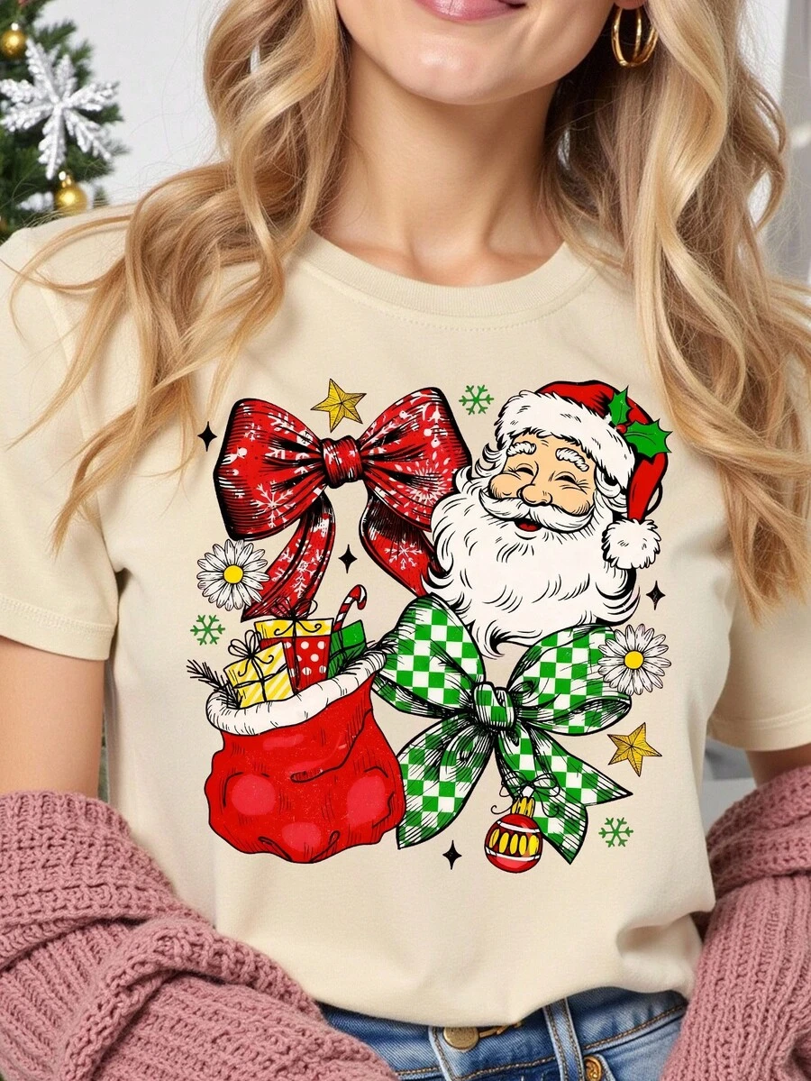 Christmas Reindeer & Santa Claus Graphic Print Basic Red Short Sleeve T-Shirt, Versatile Women's Fashion Creative Cute Christmas Outfit, Suitable For Christmas Party And Going Out