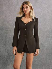 Poéselle 女式纯色鸡心领长袖上衣和短裤优雅两件套 - 深灰色 - 查看 7