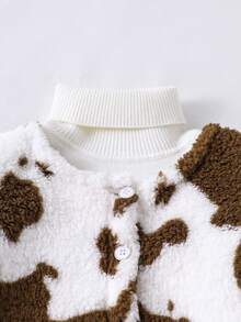 Young Girls' Luxury Elegant Faux Fur Jacket, Soft Plush Fabric, Collarless Design, Brown & White Contrast Color, Front White Gold-Edged Buttons, Loose Fit, Fashionable & Graceful, Suitable For Autumn/Winter