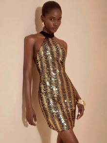 JIAN LASALA Wavy Sequin Halter Bodycon Mini Dress Women Elegant Party Dress Luxury Stylish Clothing Collection Sequence Dress Special Occasion Dress Metallic Dresses For Women Gold And Black Dress Women Gold Sequin Dress Sequin Dress Chain Dress Graphic Dress - Black and Gold - View 6