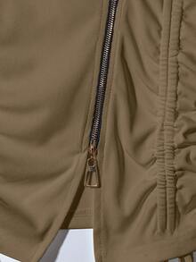 Franclia Áo thun nữ tay dài màu trắng cổ bẻ lệch màu thời trang kiểu Pháp sang trọng, khóa kéo kim loại, màu trắng, mùa xuân/thu - Màu Khaki - Xem 6