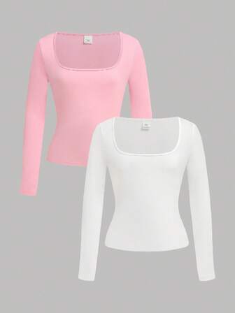 SHEIN Girlism 2pcs/Set Tween Girls' Crew Neck Fitted Basic Casual Long Sleeve T-Shirts