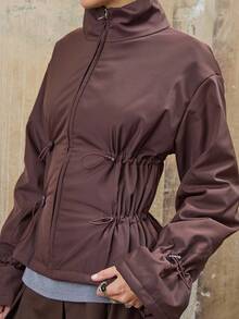 COUREZ Ruched Zip Up Nylon Coat, Y2K  Going Out Spring Chic Streetwear Casual Festivals Coat - Brown - View 8