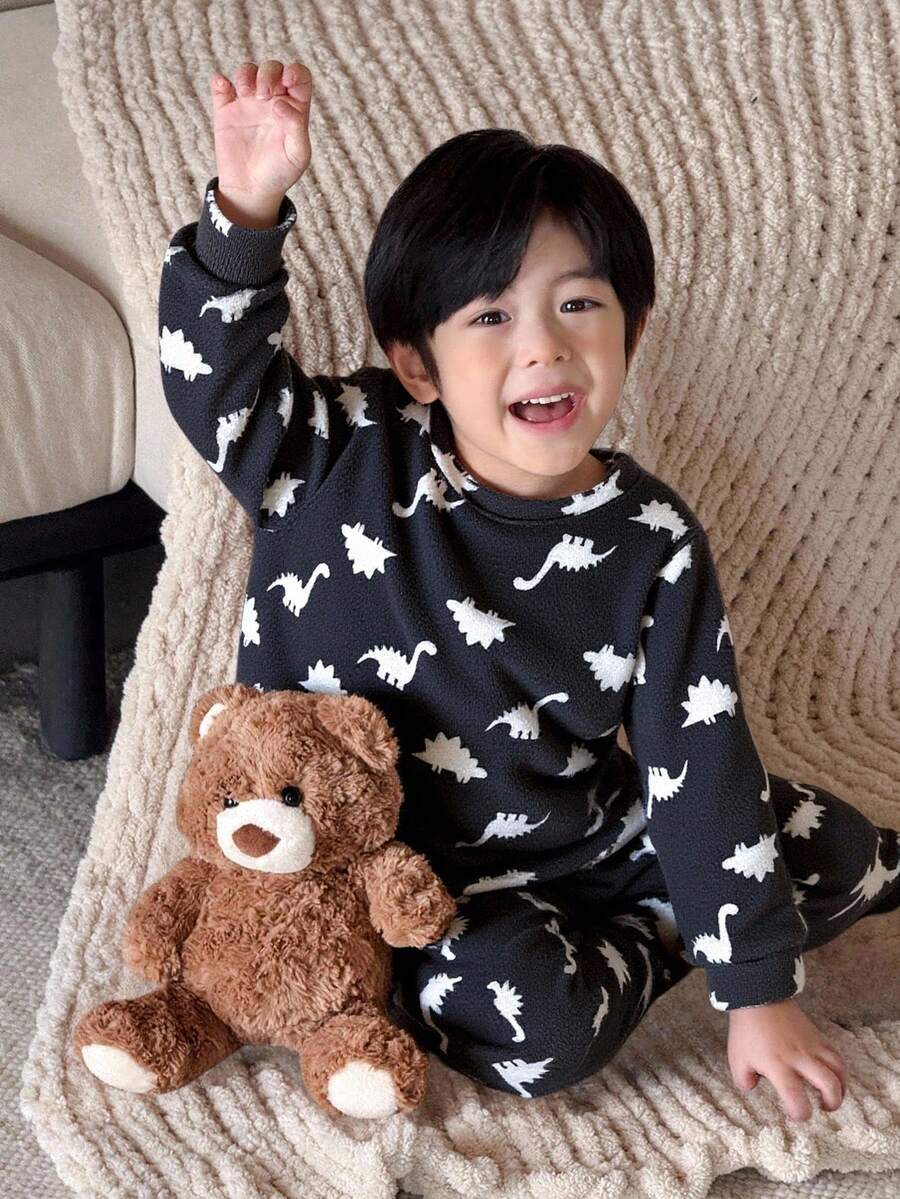 SHEIN 2pcs Setelan Piyama Anak Laki-Laki Motif Kartun Dinosaurus Bordir, Atasan Lengan Panjang Kerah Bulat, Celana Panjang Flanel Dua Sisi, Musim Gugur, Seragam Keluarga - Grey - View 1