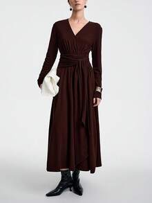 Aalyst Women's Elegant High-End Dark Brown Autumn V-Neck Cinched Waist Maxi Dress, Formal Office Business Casual Wedding Guest Afternoon Tea Dining Long Sleeve Dress - Mocha Brown - View 6