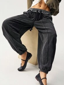 Bohemela 女式休闲纯色针织宽松运动裤 - 黑色 - 查看 7