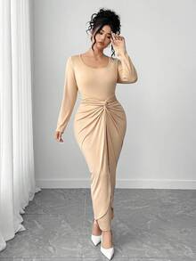 Elenzga Plus Size Women's Crew Neck Long Sleeve Knit Elastic Solid Color Maxi Dress, Versatile Dress With Multiple Wearing Ways, Fashionable, Elegant, Minimalist, Retro Romantic For Commute, Suitable For Daily Wear, Party, And Formal Events, Fitted And Sexy - Khaki - View 6