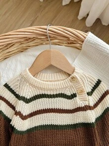 SHEIN Newborn Fashionable Contrast Color Striped Pullover Long Sleeve Sweater Christmas Newborn Outfits, Autumn/Winter