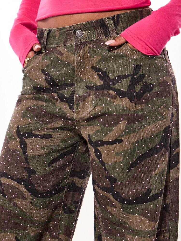 SUMWON WOMEN Wide Leg Camouflage Pants With Rhinestone Details