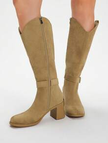 Styleloop Bottes hautes à la mode pour femmes, design à bout carré et talon épais, couleur chocolat unicolore, fermeture éclair latérale avec décoration de multi-sangles, polyvalentes pour jupes, jeans, manteaux, convient pour l'automne/l'hiver, Halloween, fête de Noël, bottes longues pour femmes