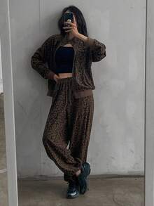 DAZY 2pcs Women's Leopard Ribbed Loose Jacket And Pants Set