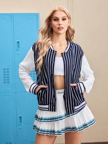 Streetz SHEIN Sport Striped Print Front Button Fashionable Long Sleeve Sports Jacket - Blue and White - View 1