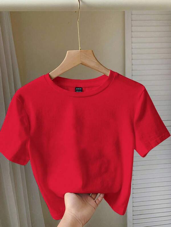SHEIN EZwear Casual Minimalist Red Round Neck Short Sleeve Fitted Cropped Women T-Shirt,Christmas,Red Top