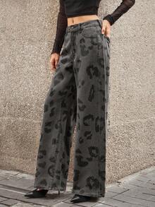 Selenza Jeans casuales con cinturón, estampado de leopardo y adornos de rhinestone para mujer - Gris Oscuro - Ver 7