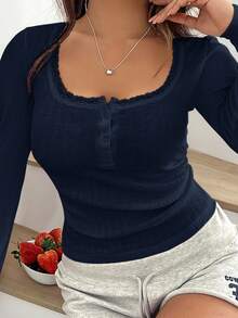 SHEIN Clasi Celure 大码女式甜美蕾丝边长袖 T 恤，修身款三扣休闲白色 T 恤上衣夏季 - 寶藍色 - 查看 4