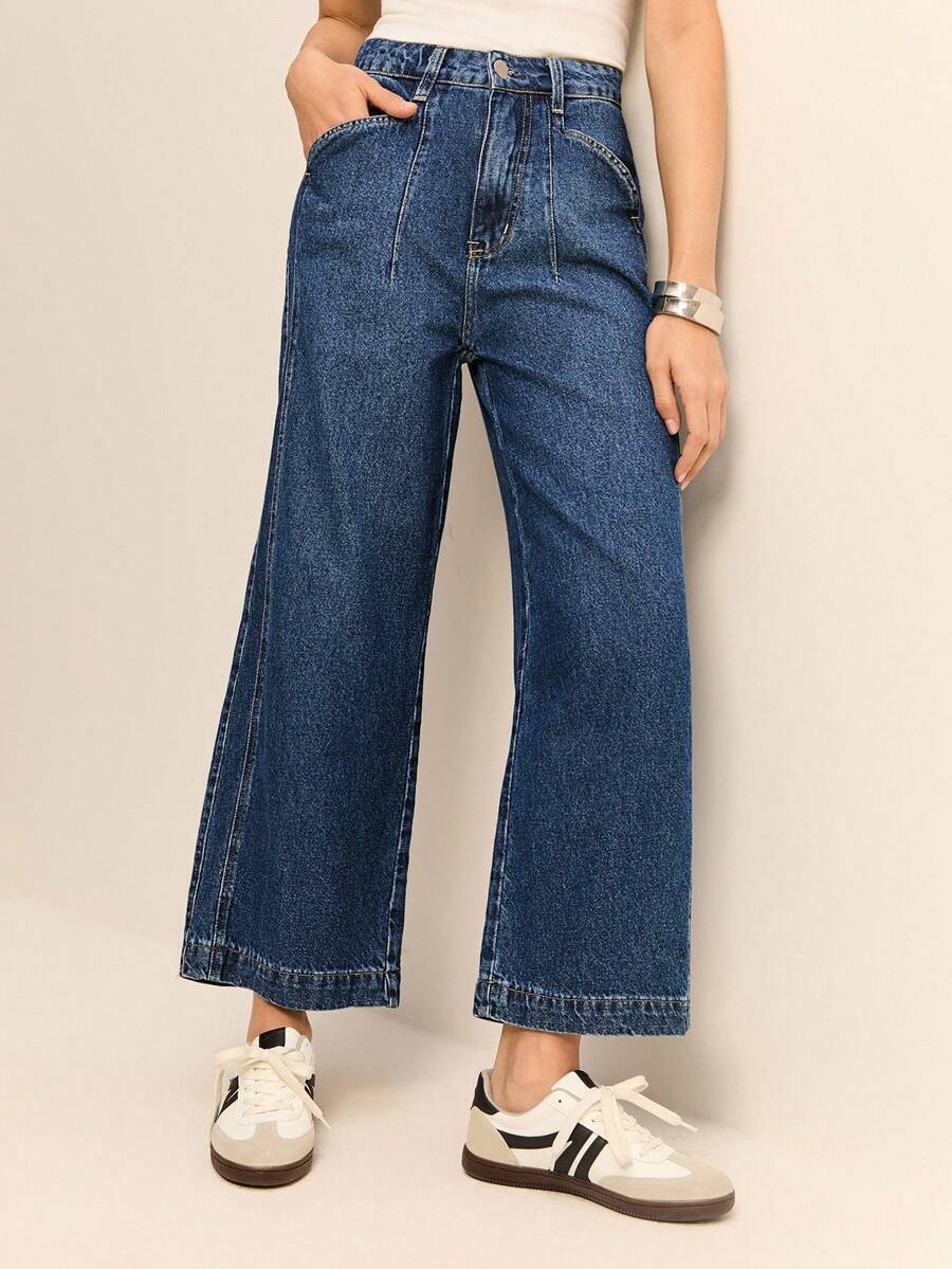Daynim 高腰阔腿牛仔裤 - 中等水洗藍 - 查看 1