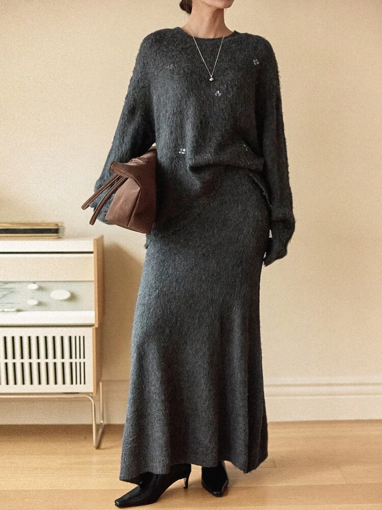 2pcs Women Casual Commuting Sequin Patchwork Pullover Sweater And Sweater Dress Set, Autumn/Winter