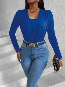 Zolique Women's Spring And Summer Pleated Chest 2 In 1 Long Sleeve Fashion Bodysuit Blue Royal Blue - Blue - View 7