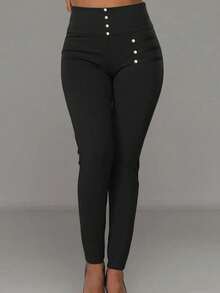 EMERY ROSE Casual skinny byxor med hög midja med metallspänne - Svart - Visa 5