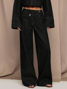 SHEIN BAE Women's Fashion Casual Asymmetrical Waistband Loose Fit Jeans