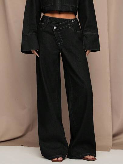 SHEIN BAE Women's Fashion Casual Asymmetrical Waistband Loose Fit Jeans