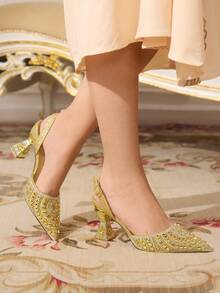 CUCCOO TILAWA Women's Fashion Party Rhinestone Heeled Pumps - Gold - View 6