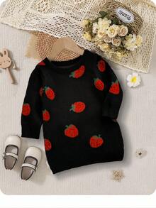 SHEIN Đầm dệt kim dài tay cổ tròn họa tiết dâu tây cho bé gái, quần áo trẻ em họa tiết dâu tây, áo len cho bé gái, áo len họa tiết dâu tây cho bé, quần áo mùa thu đông cho bé gái. - Nhiều màu - Xem 1