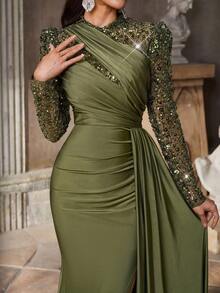 Aureia 优雅奢华灰绿色亮片刺绣拼布弹力针织立领长袖透明褶饰鱼尾裙荷叶边女式正式晚礼服 - 草綠色 - 查看 5