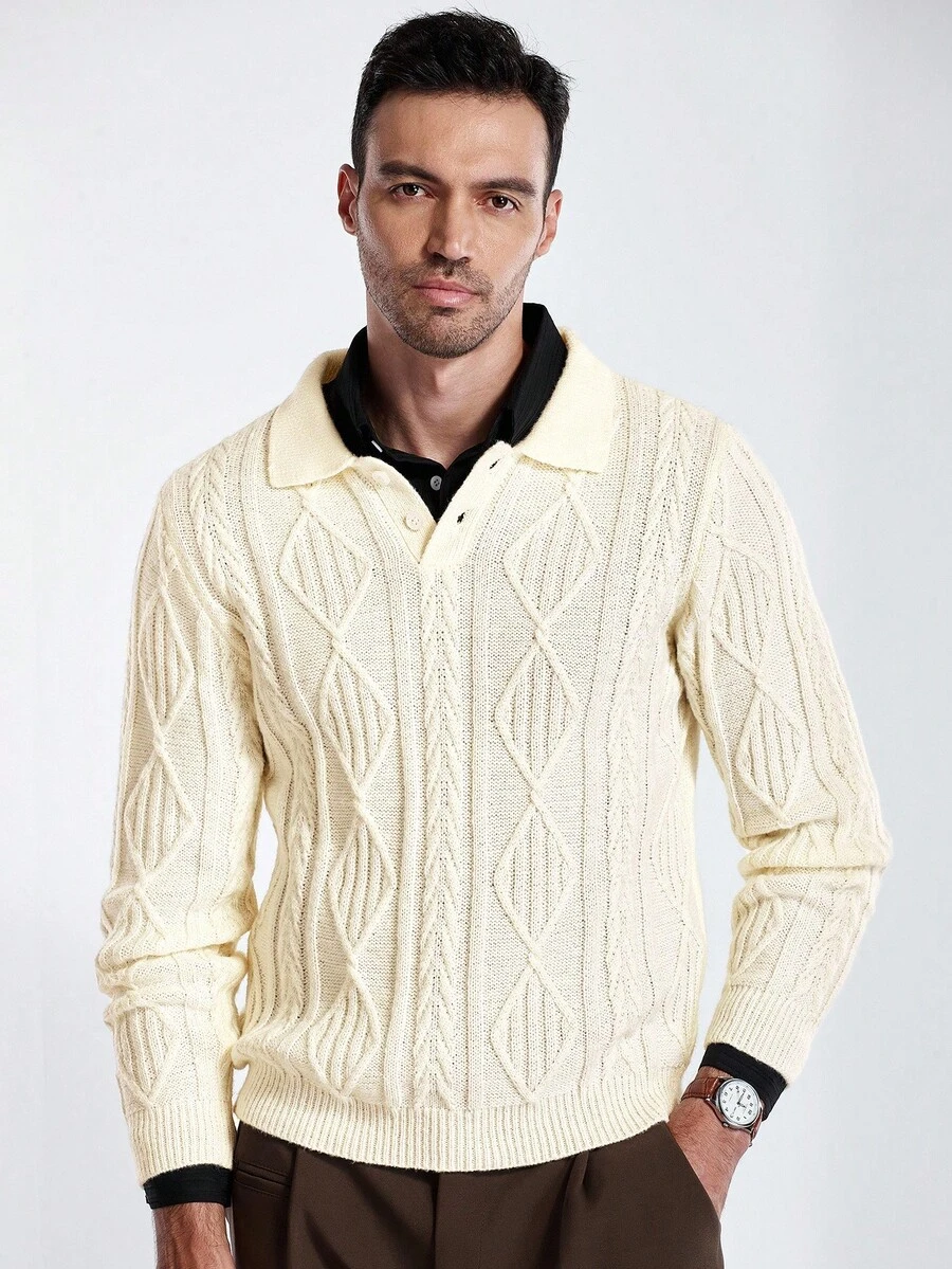 Manfinity Homme Pull col roulé décontracté à manches longues avec motif géométrique texturé pour hommes, automne/hiver - Nude - Voir 1