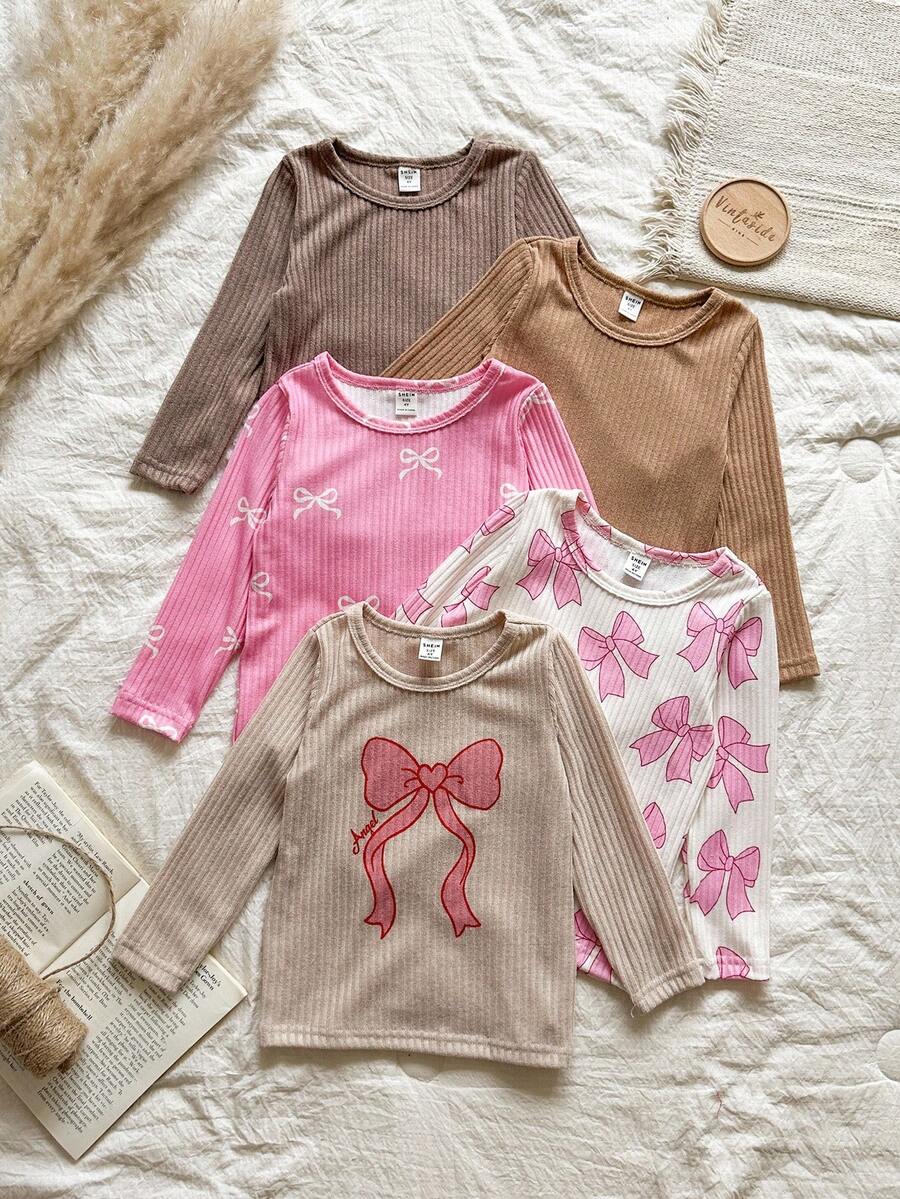SHEIN Vintaside Kids 5件装女童可爱罗纹蝴蝶结印花圆领长袖T恤 - 粉色 - 查看 1