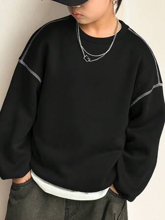SHEIN Tween Boy Casual Korean Style Loose Fit Contrast Color Round Neck Sweatshirt, Suitable For Commuting, School, Daily Casual Wear, Sports, Autumn/Winter
