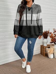 SHEIN LUNE 大码女款拼色抽绳连帽长袖运动衫秋冬装 - 彩色 - 查看 5