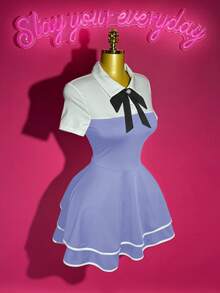 Slaydiva 2025新款初秋夏季休闲街头辣妹风甜美少女风优雅日常约会生日派对POLO领蝴蝶结白黑拼接二合一设计多层蛋糕裙荷叶边A字裙迷你裙针织女士迷你连衣裙-A - 藏蓝色 - 查看 8