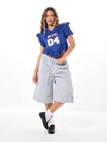 SUMWON WOMEN 荷叶边运动衫短款上衣 纽约学院风运动魅力个性学生俱乐部装休闲女性化设计荷叶边袖子节日时尚 - 藍色 - 查看 3