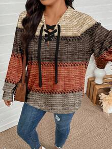 SHEIN LUNE Plus Size Women's Brown Autumn Boho Hiking Thanksgiving Maillard Color Striped Print Casual Loose Fit Hooded Long Sleeve Sweatshirt Fall Tops - Multicolor - View 4