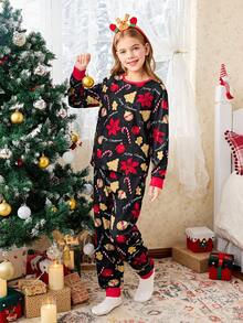 Girl's Cute Christmas Sleep Set,Autumn Black And Red Christmas Tree Cookies Printed Pattern Long Sleeved Contrasting Collars Tops And Matching Pants - Black - View 3