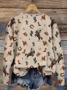 SHEIN LUNE 休闲简约印花图案圆领宽松女式运动衫秋冬女士服装 - 彩色 - 查看 2