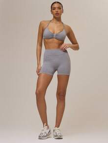Musera Sport Light Grey Summer Athleisure Gym Ruched Bust Open Back Halter Sports Bra And High Waist Snached Shorts Co-Ord Activewear Set For Workout Running Padel - Light Grey - View 5