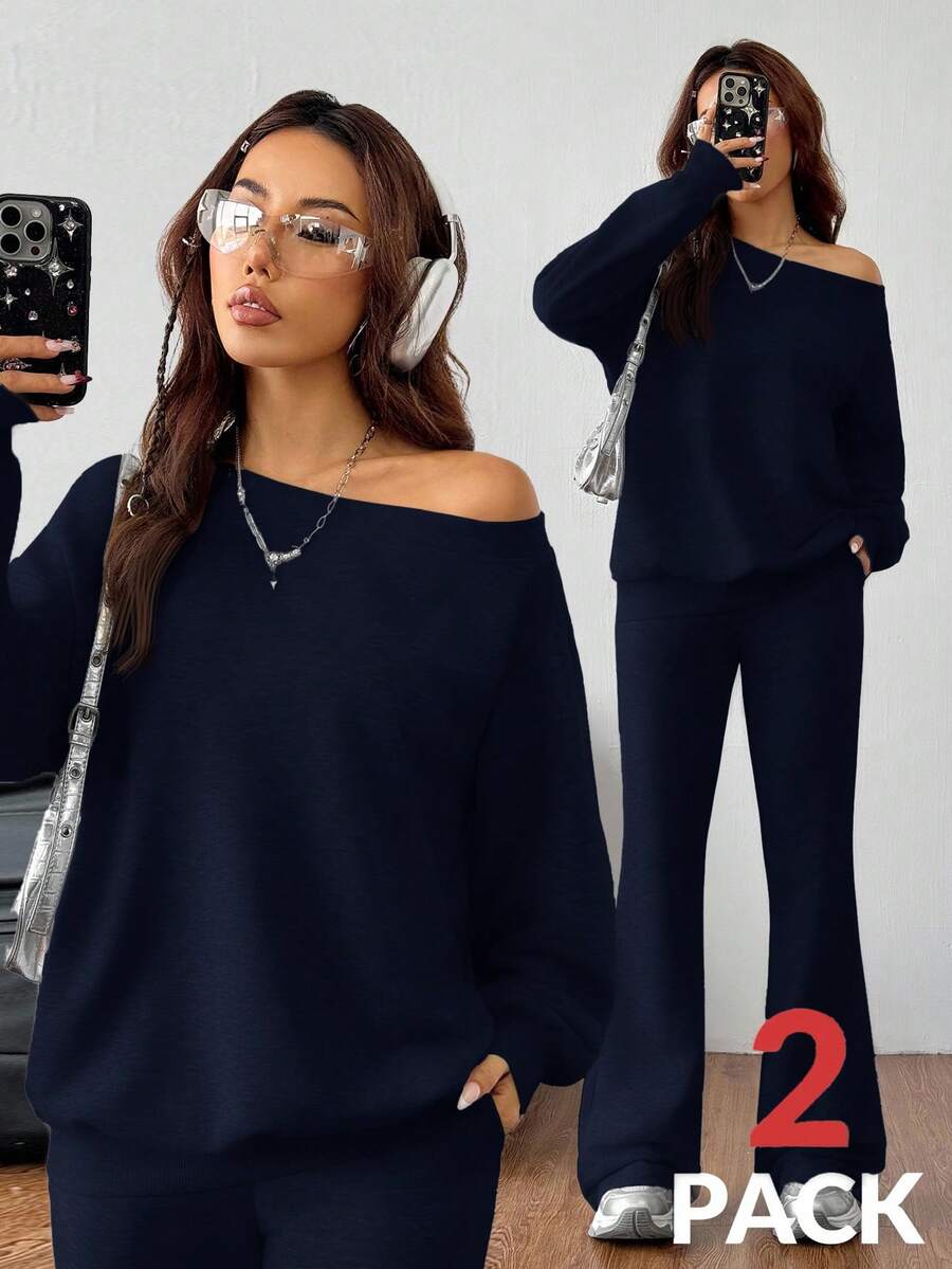 SHEIN EZwear 女式春夏基本款针织纯灰色宽松露肩不对称领口长袖运动衫和喇叭裤健身套装，两件套服装 - 藏蓝色 - 查看 1