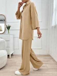 EURMUSE 女士纯色落肩长袖衬衫和系腰裤休闲宽松两件套西装，春夏季