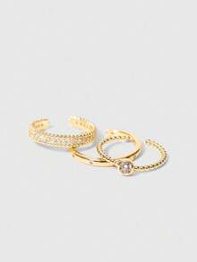 SHEIN BAE 3pcs/Set Minimalist Elegant Luxury Women's Dating Daily Vacation Copper & Cubic Zirconia Stacking Rings, Suitable For Festival Gifts - Yellow Gold - View 5