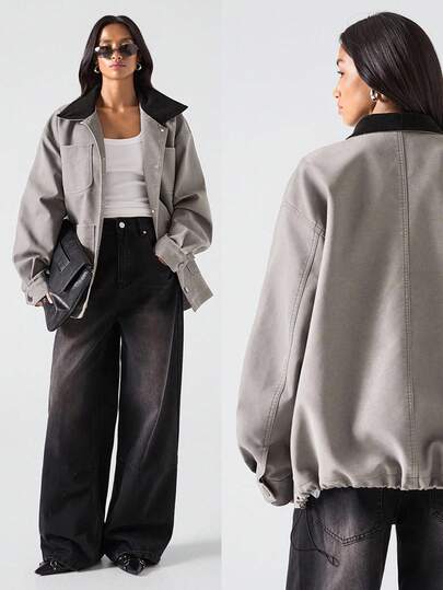 LYSMO 2025 New Arrival Minimalist Fall-Winter Women's Casual Contrast Color Lapel Drop Shoulder Loose Washed PU Jacket, Stylish, Light Luxury And Versatile, Street Casual, Neat Tailoring, Flattering Silhouette, Essential For Autumn Commuting And Outdoor Activities, Washed Vintage Finish