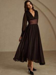 Aveloria Modichic European & American Style V-Neck Satin Belt Fashion Versatile Commuting Flared Long Sleeve Dress, Autumn/Winter