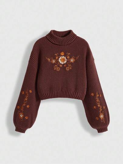 Goth Pull col roulé avec design brodé de style féérique pour femmes