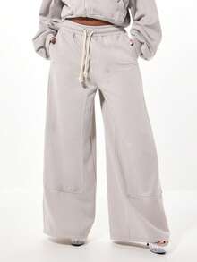 SUMWON WOMEN Pantalones de chándal de pierna ancha con cordón, panel de carga, pantalones de salón cómodos, joggers de invierno acogedores, prendas inferiores amplias y acogedoras - Gris Claro - Ver 1