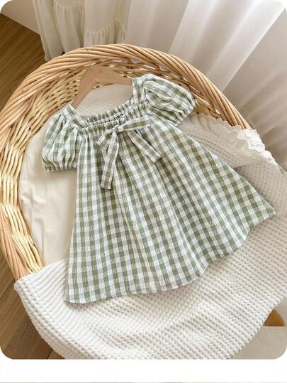 SHEIN Cute Baby Girl Plaid Short Sleeve Bow Loose Summer Vacation Dress